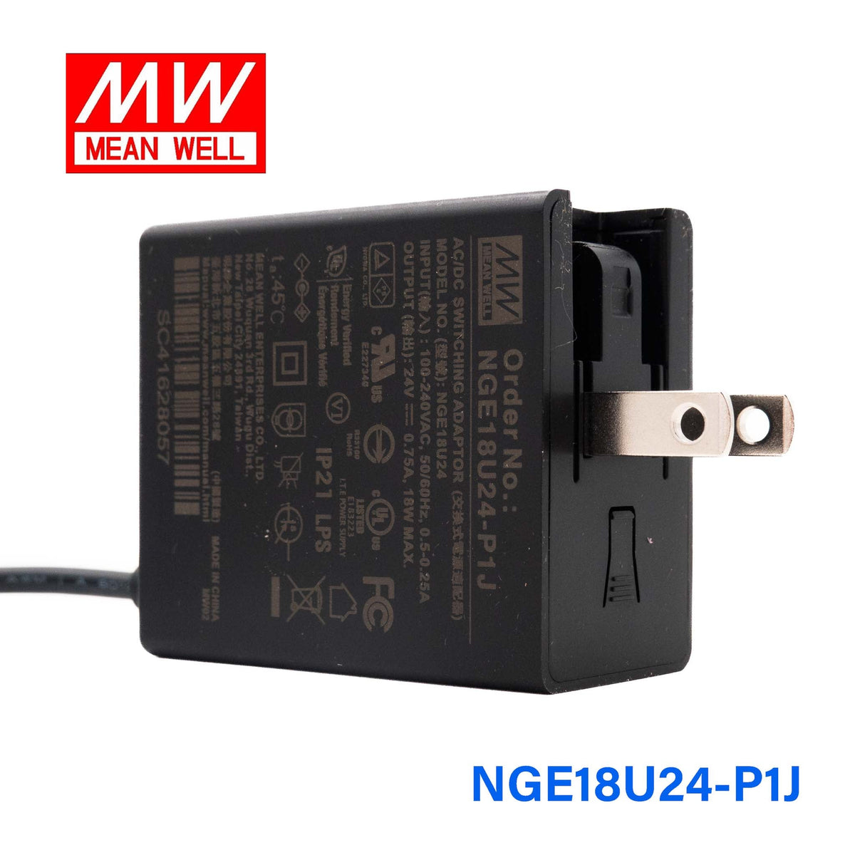 Mean Well NGE18U24-P1J AC-DC Wall-mounted Green Adaptor - US Plug - 18W 24V 0.75A - NGE18U24-P1J - powersupplymall.com