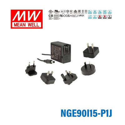 Mean Well NGE90I15-P1J AC-DC Wall-mounted Green Adaptor - Interchangeable Plug - 82.5W 15V 5.5A