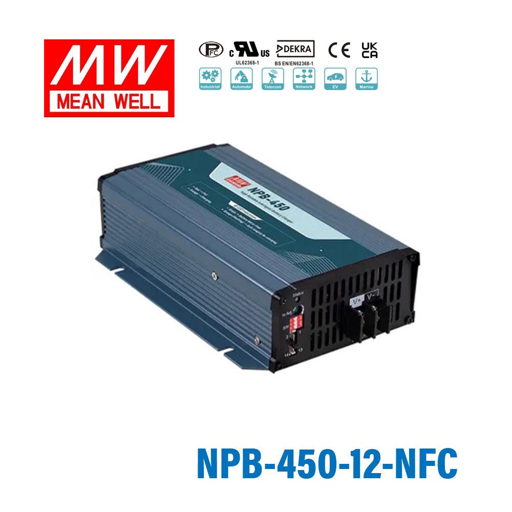 Mean Well NPB - 450 - 12 - NFC Battery Charger 450W 12V - Ultra Wide Output, NFC Programmable Charging Parameters - NPB-450-12-NFC - powersupplymall.com