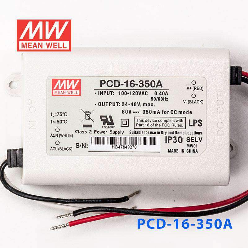 Mean Well PCD-16-350A Power Supply 16W 350mA - PCD-16-350A - powersupplymall.com