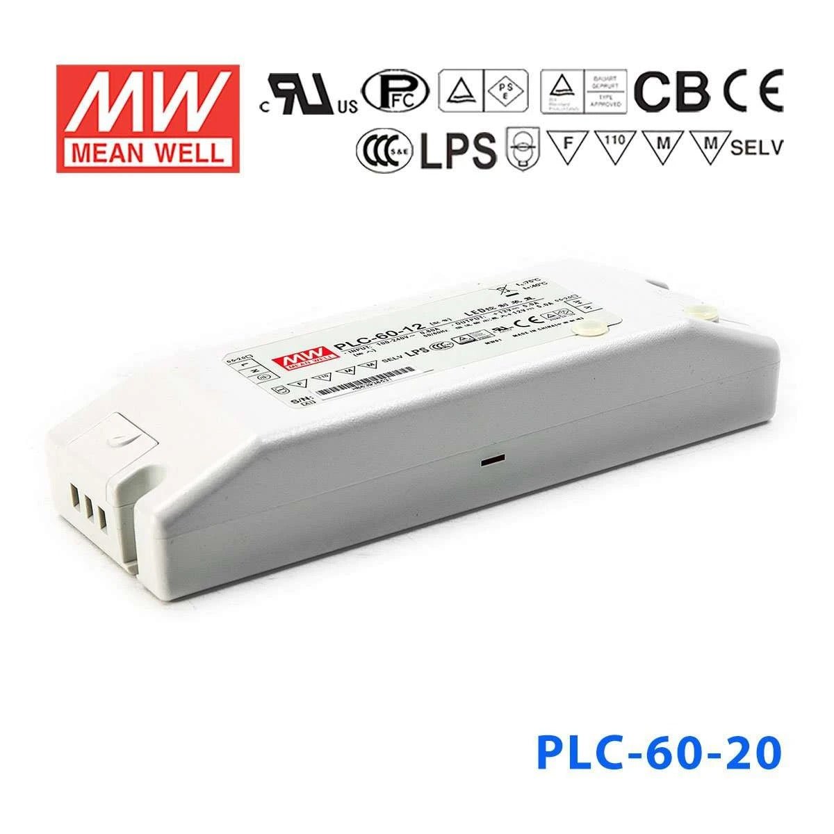 Mean Well PLC-60-20 Power Supply 60W 20V - PFC 3A - PLC-60-20 - powersupplymall.com