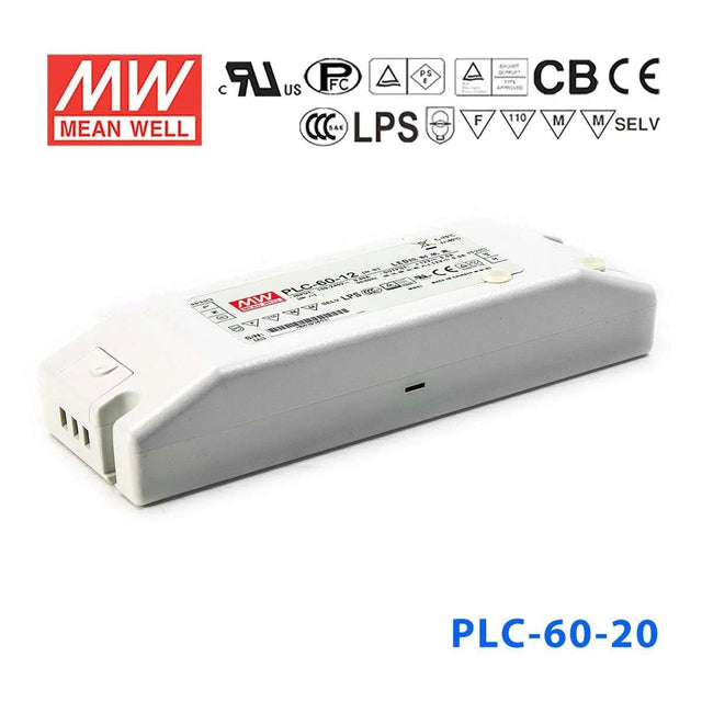 Mean Well PLC-60-20 Power Supply 60W 20V - PFC 3A - PLC-60-20 - powersupplymall.com