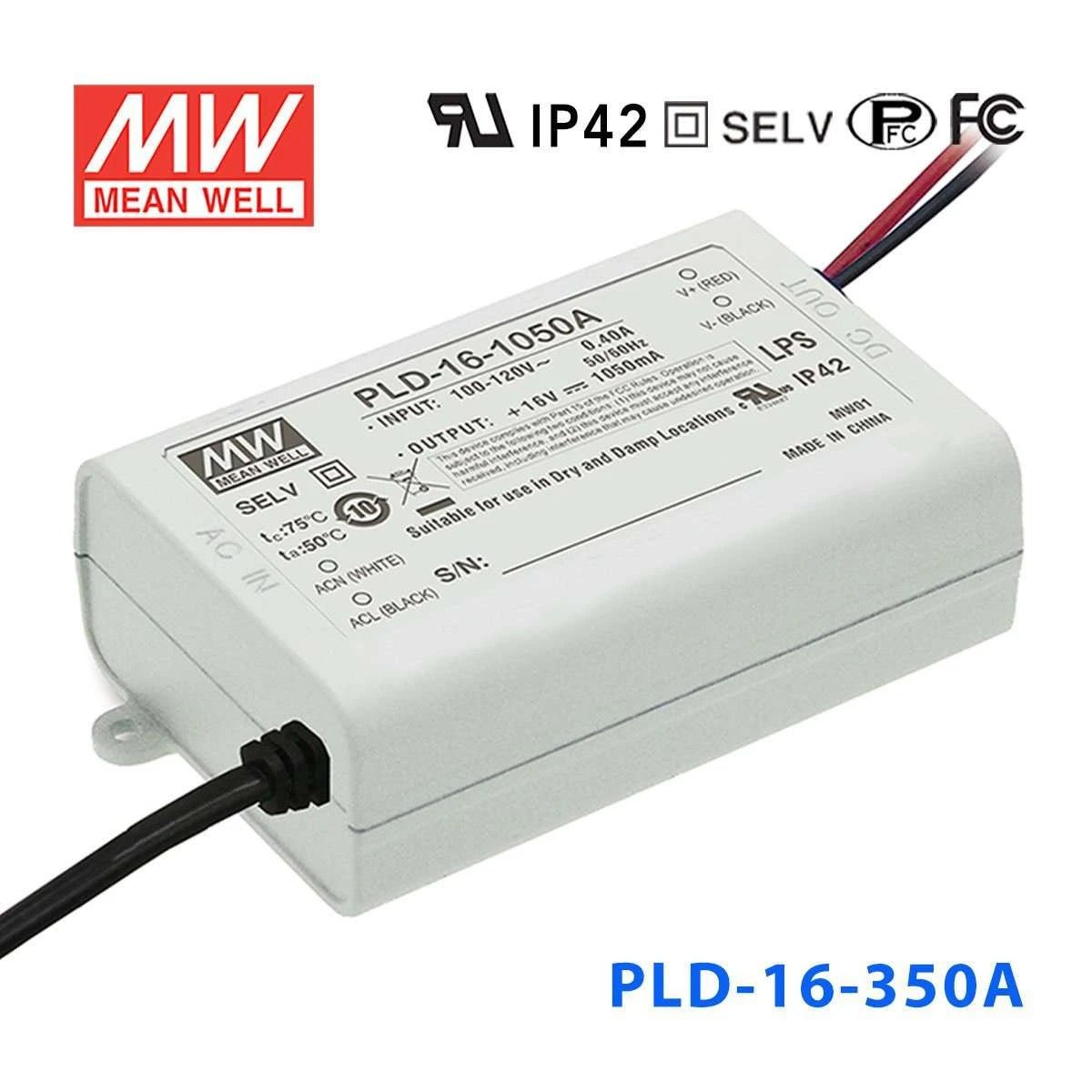 Mean Well PLD-16-350A Power Supply 16W 350mA - PLD-16-350A - powersupplymall.com