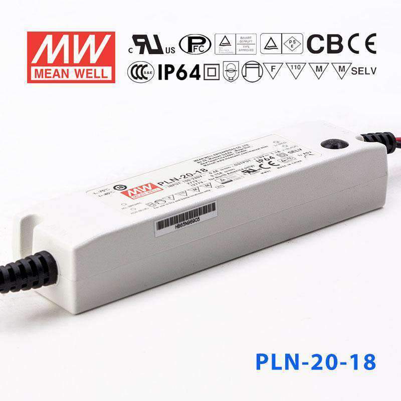 Mean Well PLN-20-18 Power Supply 20W 18V - IP64 1.1A - PLN-20-18 - powersupplymall.com