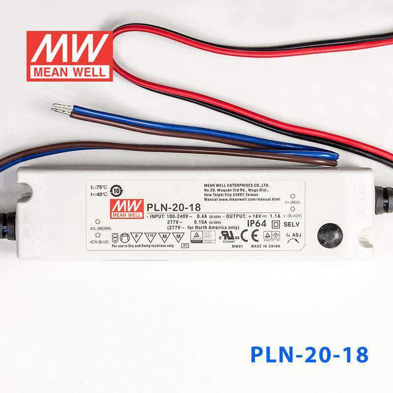 Mean Well PLN-20-18 Power Supply 20W 18V - IP64 1.1A - PLN-20-18 - powersupplymall.com