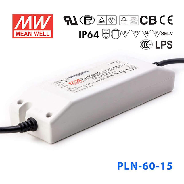 Mean Well PLN-60-15 Power Supply 60W 15V - IP64 4A - PLN-60-15 - powersupplymall.com