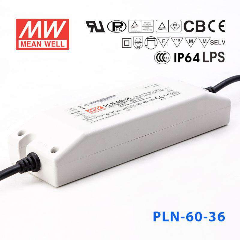 Mean Well PLN-60-36 Power Supply 60W 36V - IP64 1.7A - PLN-60-36 - powersupplymall.com