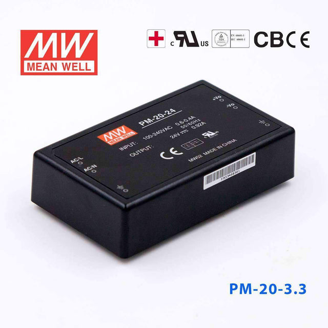 Mean Well PM - 20 - 3.3 Power Supply 20W 3.3V - PM - 20 - 3.3 - powersupplymall.com