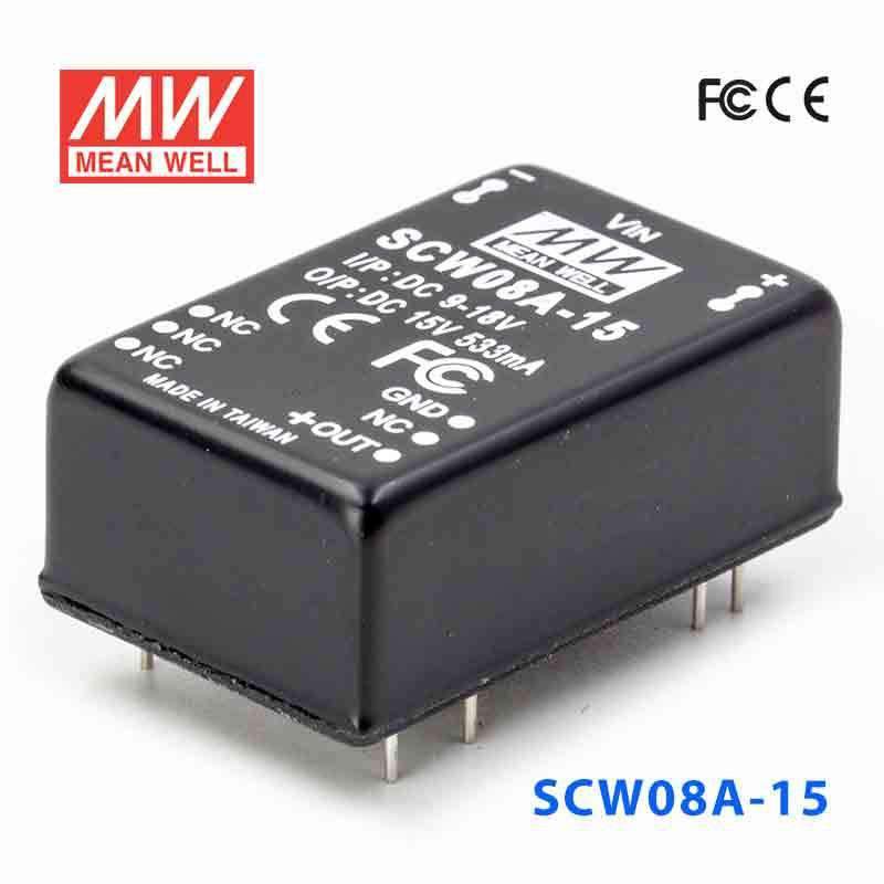 Mean Well SCW08A-15 DC-DC Converter - 8W 9~18V DC in 15V out 533mA - SCW08A-15 - powersupplymall.com