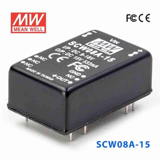 Mean Well SCW08A-15 DC-DC Converter - 8W 9~18V DC in 15V out 533mA - SCW08A-15 - powersupplymall.com