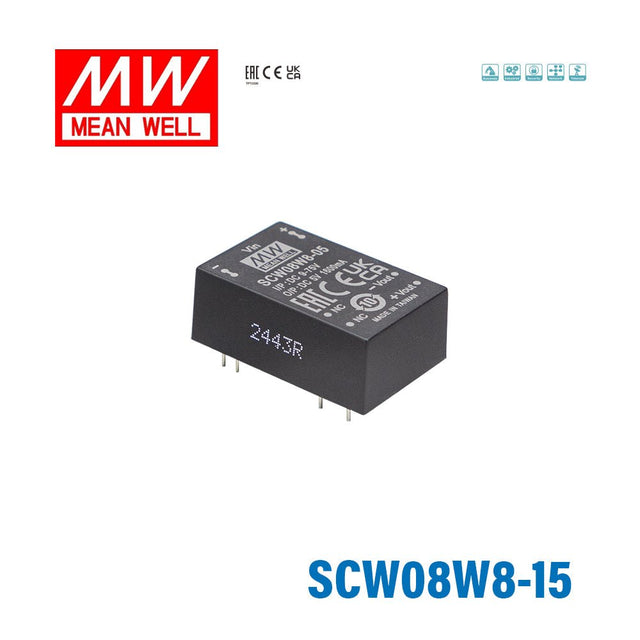 Mean Well SCW08W8-15 DC-DC Converter - 8W 9~75V DC in 15V out 10mA - SCW08W8-15 - powersupplymall.com