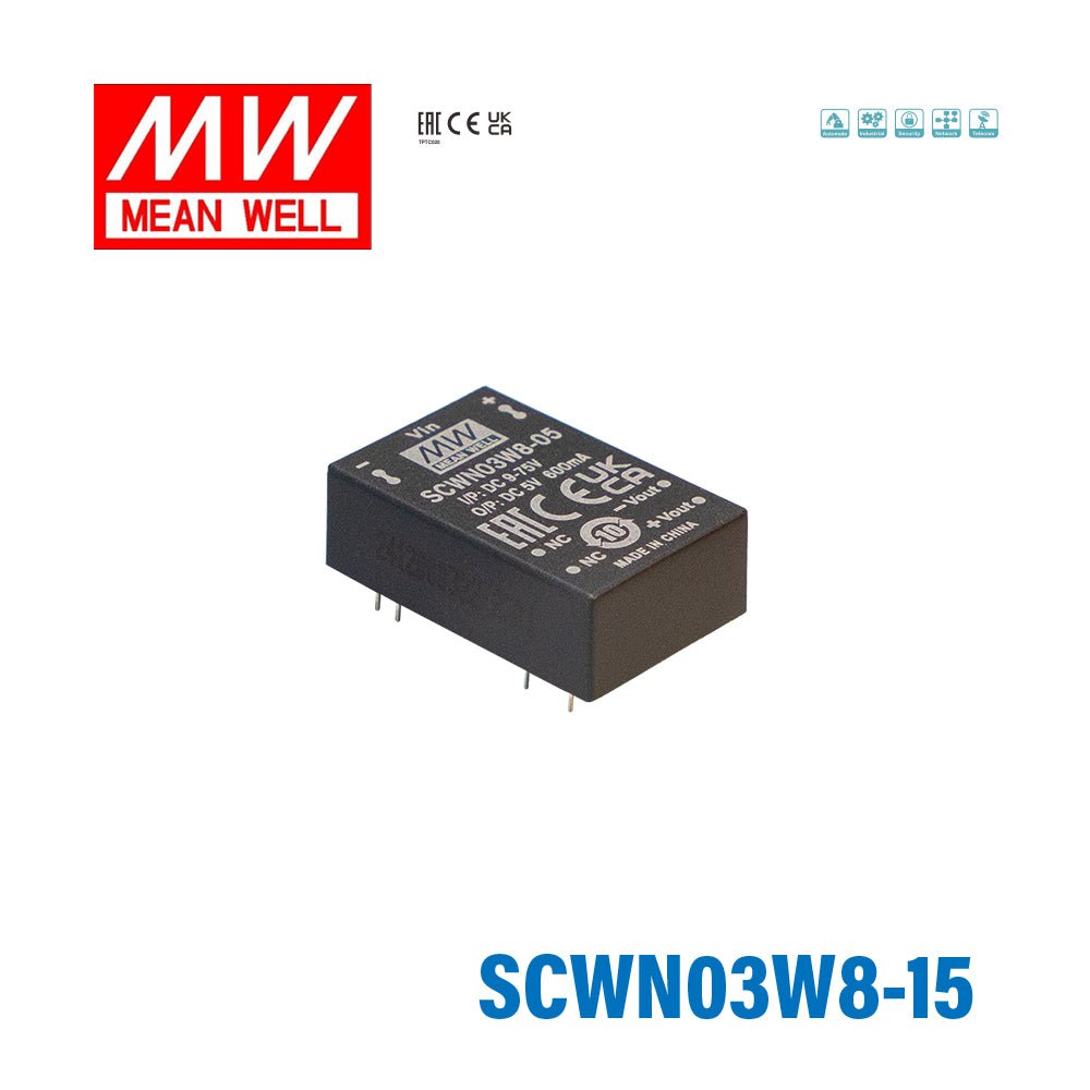 Mean Well SCWN03W8-15 DC-DC Converter - 3W 9~75V DC in 15V out 8mA - SCWN03W8-15 - powersupplymall.com