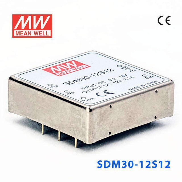 Mean Well SDM30-12S12 DC-DC Converter - 25.2W - 9.2~18V in 12V out 2.1A - SDM30-12S12 - powersupplymall.com