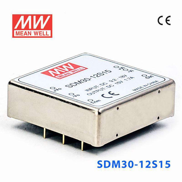 Mean Well SDM30-12S15 DC-DC Converter - 25.5W - 9.2~18V in 15V out 1.7A - SDM30-12S15 - powersupplymall.com