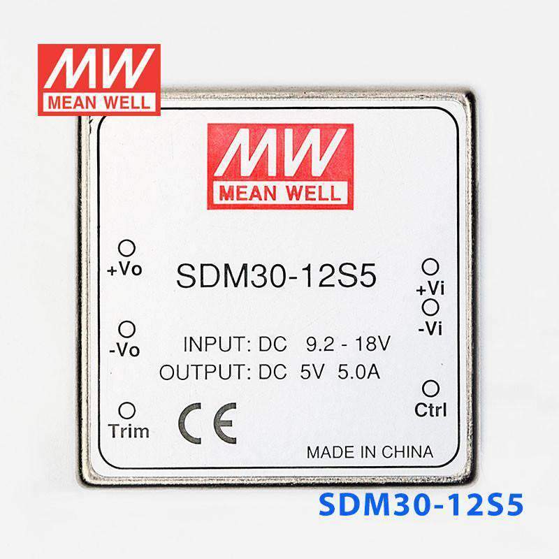 Mean Well SDM30-12S5 DC-DC Converter - 25W - 9.2~18V in 5V out 5A - SDM30-12S5 - powersupplymall.com