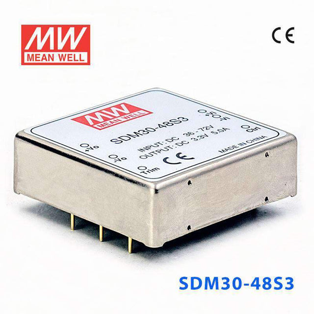 Mean Well SDM30-48S3 DC-DC Converter - 16.5W - 36~72V in 3.3V out 5A - SDM30-48S3 - powersupplymall.com
