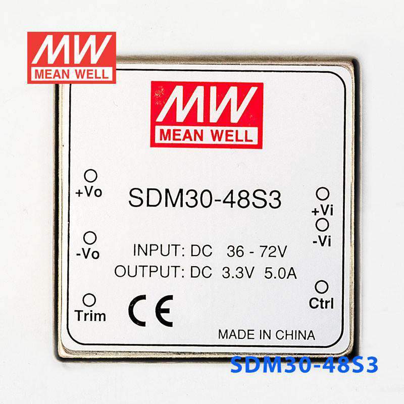 Mean Well SDM30-48S3 DC-DC Converter - 16.5W - 36~72V in 3.3V out 5A - SDM30-48S3 - powersupplymall.com