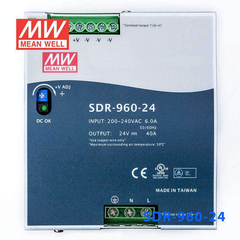 Mean Well SDR - 960 - 24 AC - DC Industrial DIN rail power supply 24Vdc 40A - SDR - 960 - 24 - powersupplymall.com