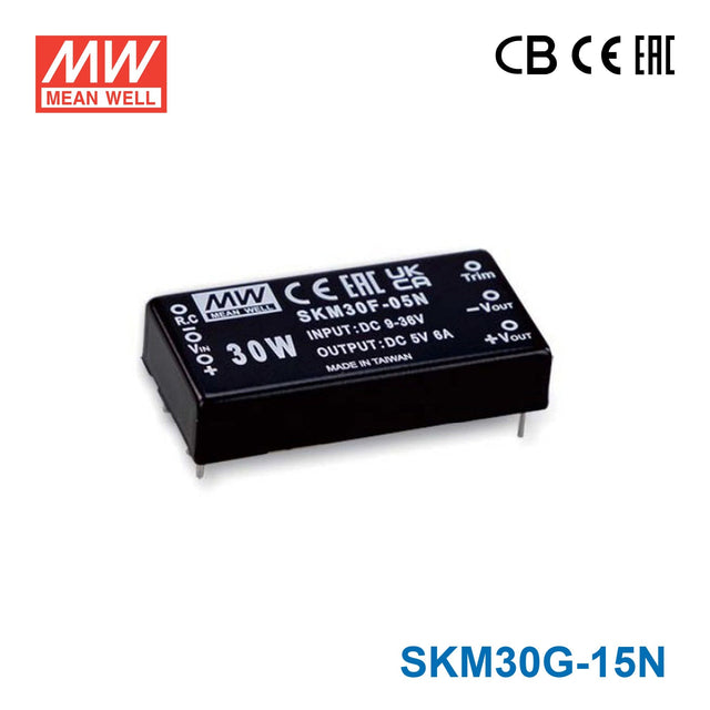 Mean Well SKM30G-15N 2"x1" Package DC-DC Converter 30W 15V, Single Output 2A - SKM30G-15N - powersupplymall.com