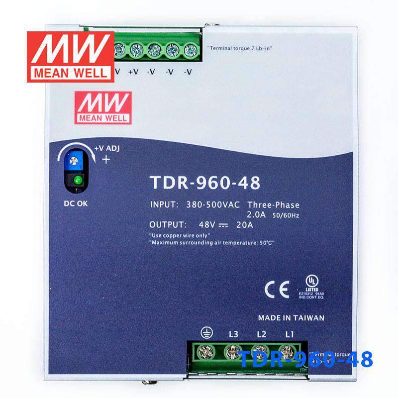 Mean Well TDR-960-48 Single Output Industrial Power Supply 960W 48V 20A - DIN Rail - TDR-960-48 - powersupplymall.com