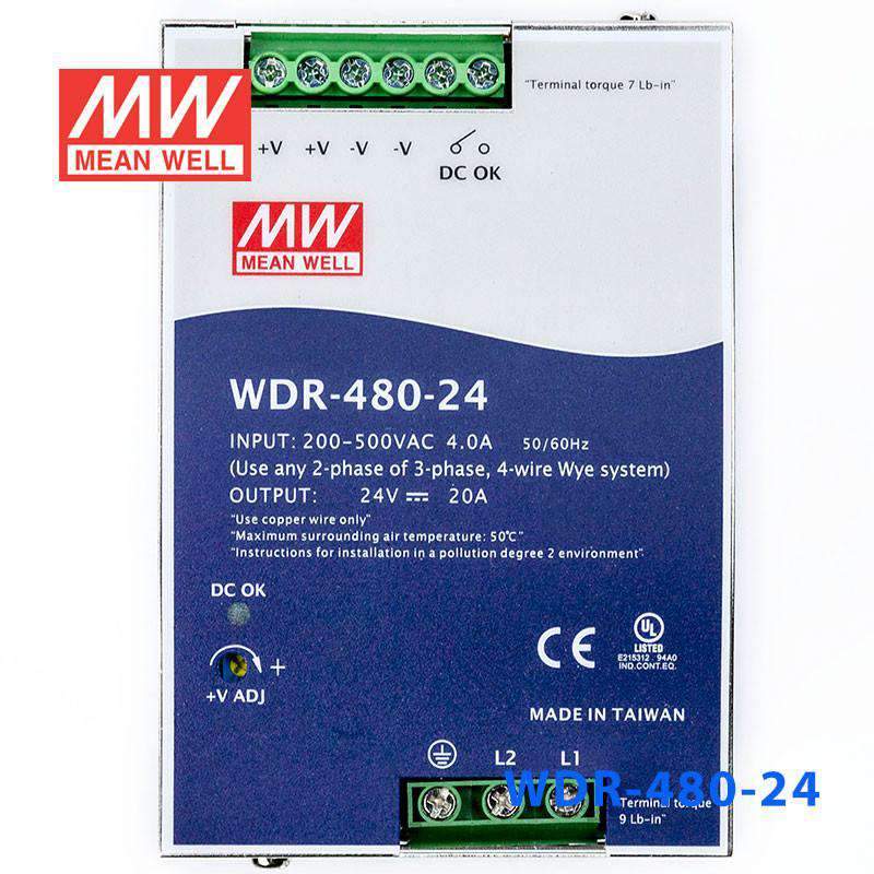 Mean Well WDR-480-24 Single Output Industrial Power Supply 480W 24V 20A - DIN Rail - WDR-480-24 - powersupplymall.com