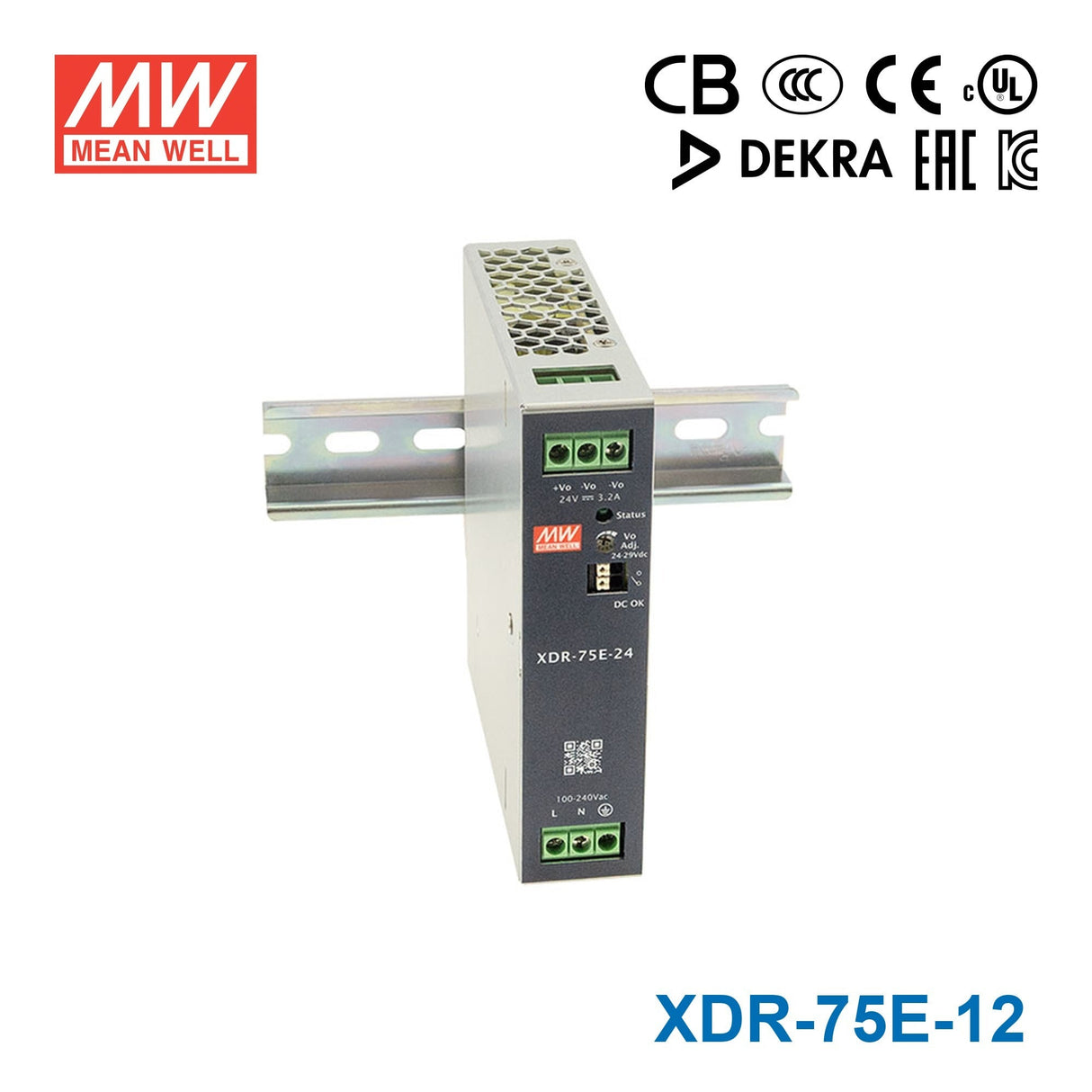 Mean Well XDR-75E-12 Economical Ultra Slim Din Rail Power Supply 75.6W 12V 6.3A - XDR-75E-12 - powersupplymall.com