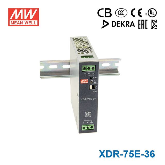 Mean Well XDR - 75E - 36 Economical Ultra Slim Din Rail Power Supply 75.6W 36V - XDR-75E-36 - powersupplymall.com