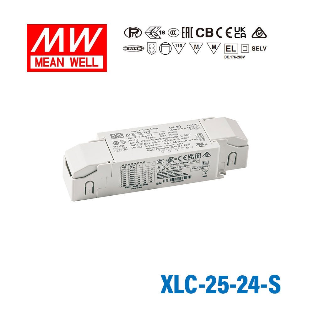 Mean Well XLC-25-24-S LED Driver 25.2W 24V with Strain-relief 1.05A - XLC-25-24-S - powersupplymall.com
