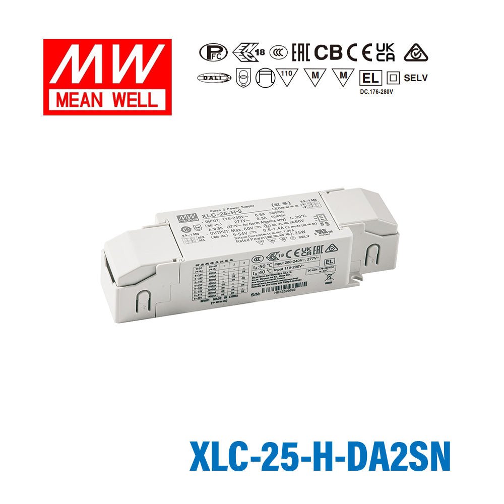 Mean Well XLC-25-H-DA2SN LED Driver 25W 700mA 9~54V Constant Power, DALI2 + Push Dimming with Strain-relief, NFC Current Setting - XLC-25-H-DA2SN - powersupplymall.com
