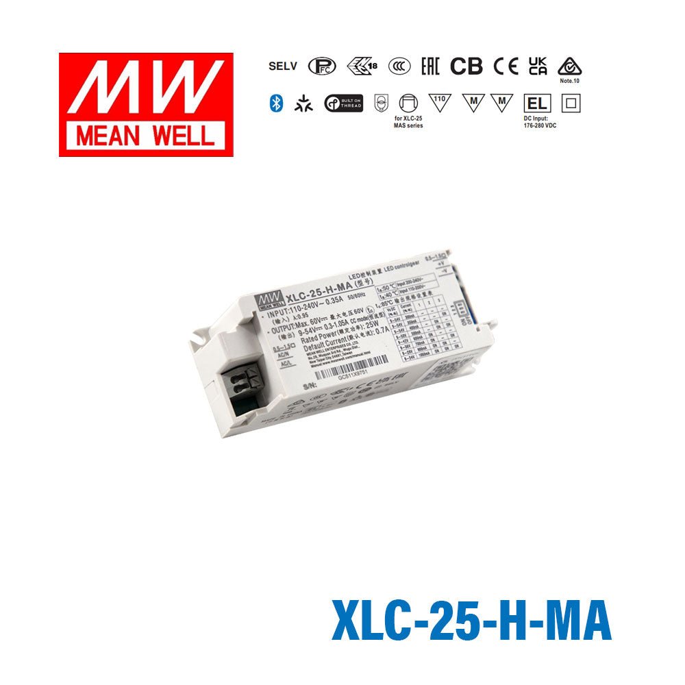Mean Well XLC-25-H-MA LED Driver 25W 700mA 9~54V Constant Power, Current Setting by Dip Switch, Matter Wireless Dimming - XLC-25-H-MA - powersupplymall.com