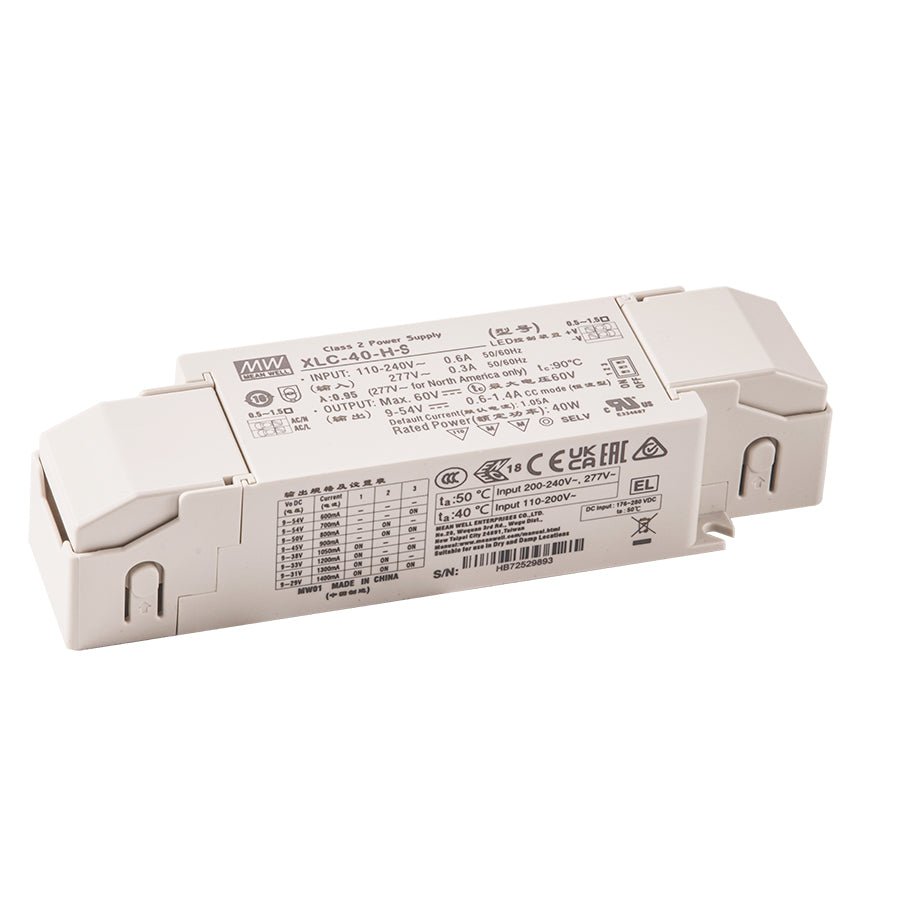 Mean Well XLC - 40 - H - BSN LED Driver 40W 1050mA 9~54V Constant Power, 3 in 1 Dimming with Strain - relief, NFC Current Setting - XLC - 40 - H - BSN - powersupplymall.com