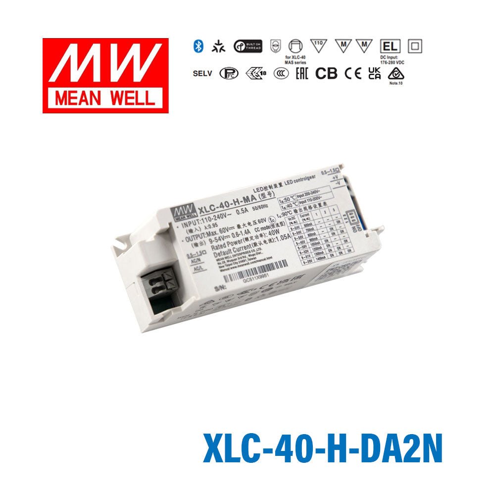 Mean Well XLC-40-H-DA2N LED Driver 40W 1050mA 9~54V Constant Power, DALI2 + Push Dimming, NFC Current Setting - XLC-40-H-DA2N - powersupplymall.com