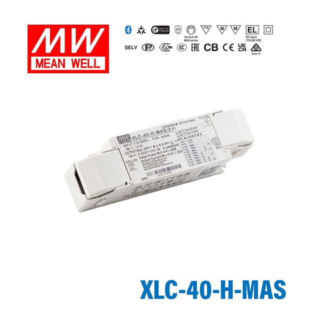 Mean Well XLC-40-H-MAS LED Driver 40W 1050mA 9~54V Constant Power, Current Setting by Dip Switch, Matter Wireless Dimming with Strain Relief - XLC-40-H-MAS - powersupplymall.com