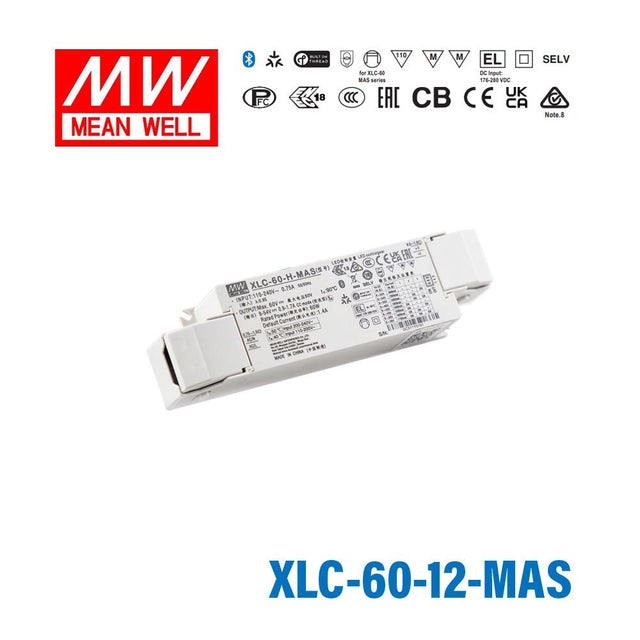 Mean Well XLC - 60 - 12 - MAS LED Driver 60W 12V Constant Voltage LED Driver, Matter Wireless Dimming with Strain Relief - XLC-60-12-MAS - powersupplymall.com