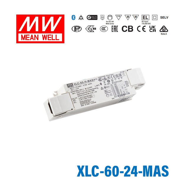 Mean Well XLC - 60 - 24 - MAS LED Driver 60W 24V Constant Voltage LED Driver, Matter Wireless Dimming with Strain Relief - XLC-60-24-MAS - powersupplymall.com