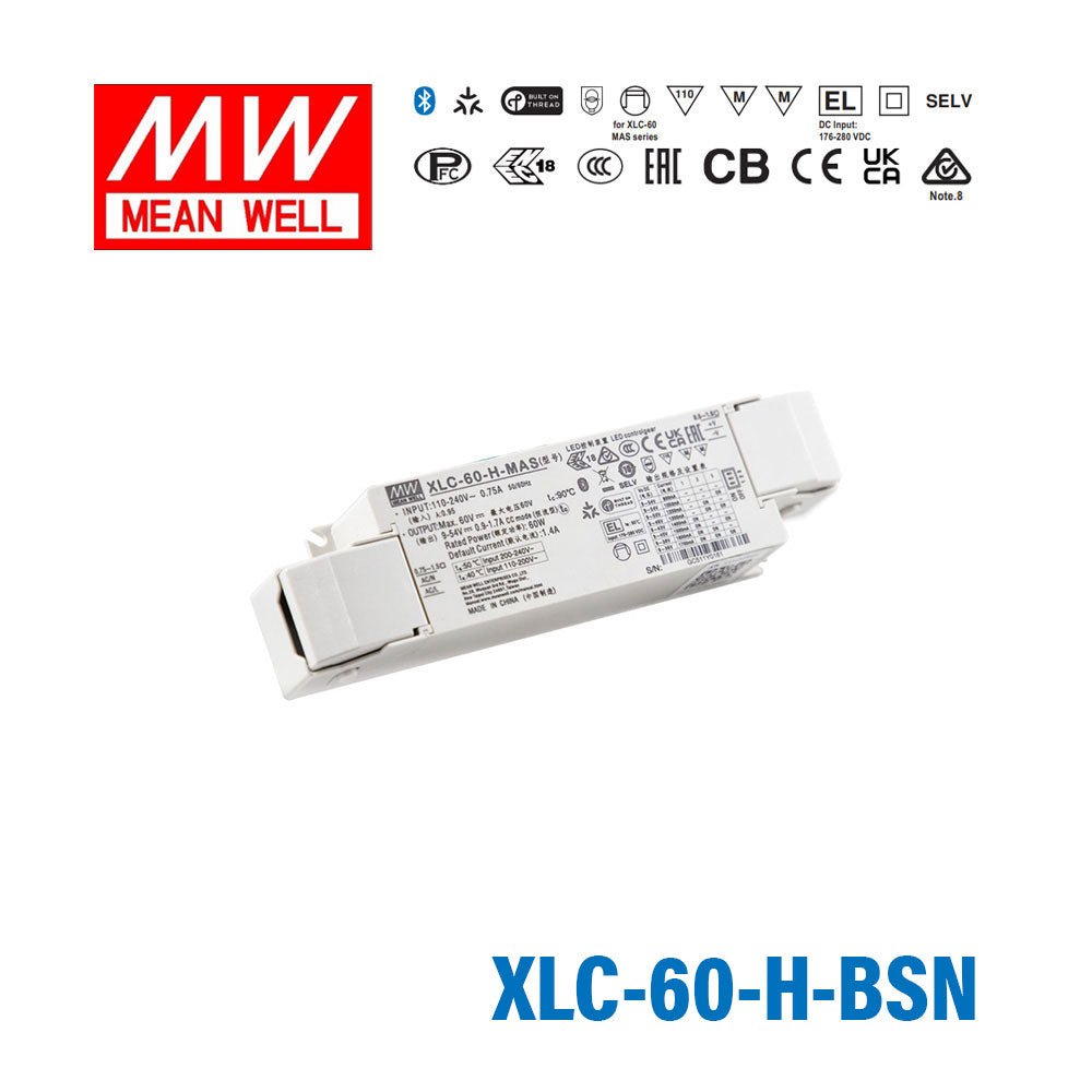 Mean Well XLC - 60 - H - BSN LED Driver 60W 1400mA 9~54V Constant Power, 3 in 1 Dimming with Strain - relief, NFC Current Setting - XLC-60-H-BSN - powersupplymall.com