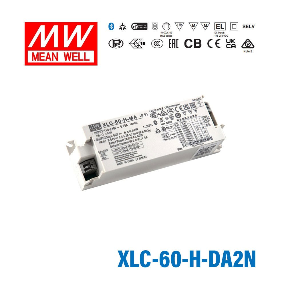 Mean Well XLC-60-H-DA2N LED Driver 60W 1400mA 9~54V Constant Power, DALI2 + Push Dimming, NFC Current Setting - XLC-60-H-DA2N - powersupplymall.com