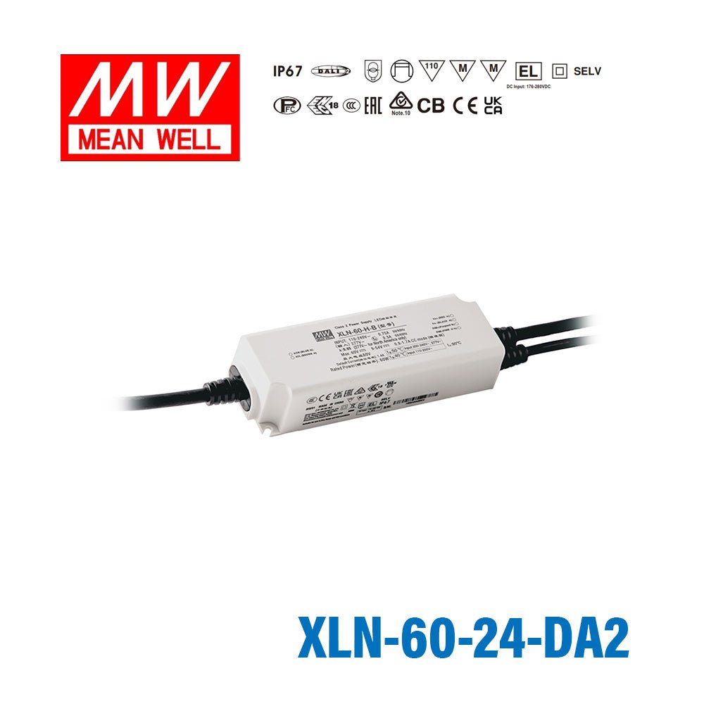 Mean Well XLN-60-24-DA2 LED Driver 60W 24V IP67, DALI2 + Push Dimming 2.5A - XLN-60-24-DA2 - powersupplymall.com