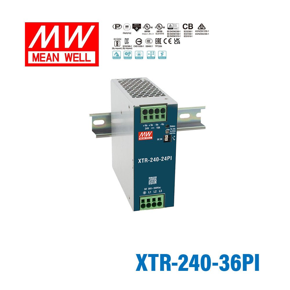 Mean Well XTR-240-36PI Three Phase Din Rail Power Supply 240W 36V - Push In 6.66A - XTR-240-36PI - powersupplymall.com