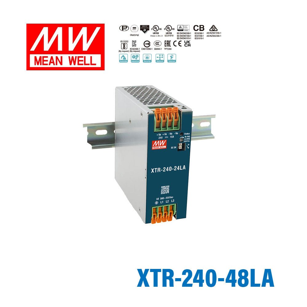 Mean Well XTR-240-48LA Three Phase Din Rail Power Supply 240W 48V - Lever-Actuated 5A - XTR-240-48LA - powersupplymall.com
