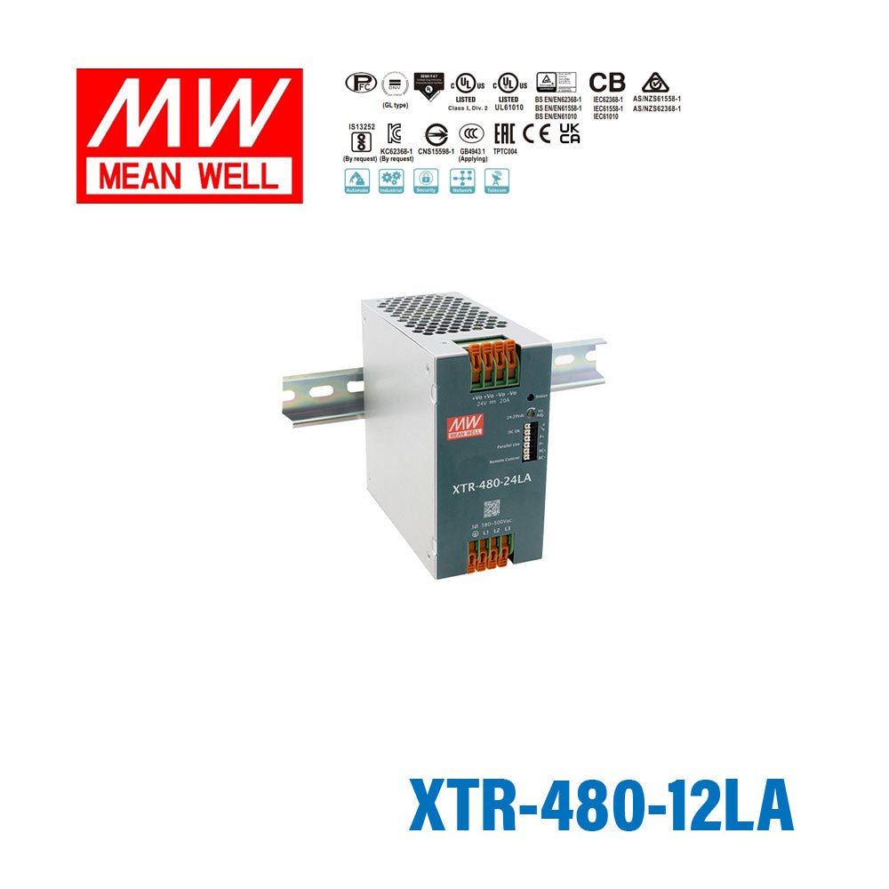 Mean Well XTR-480-12LA Three Phase Din Rail Power Supply 360W 12V - Lever-Actuated 30A - XTR-480-12LA - powersupplymall.com