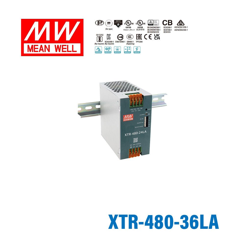 Mean Well XTR-480-36LA Three Phase Din Rail Power Supply 480W 36V - Lever-Actuated 13.3A - XTR-480-36LA - powersupplymall.com