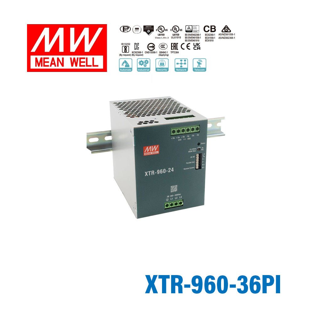 Mean Well XTR-960-36PI Three Phase Din Rail Power Supply 960W 36V - Push In 26.66A - XTR-960-36PI - powersupplymall.com