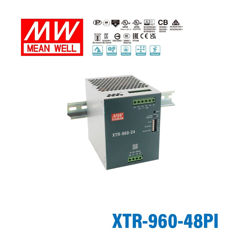 Mean Well XTR-960-48PI Three Phase Din Rail Power Supply 960W 48V - Push In 20A - XTR-960-48PI - powersupplymall.com