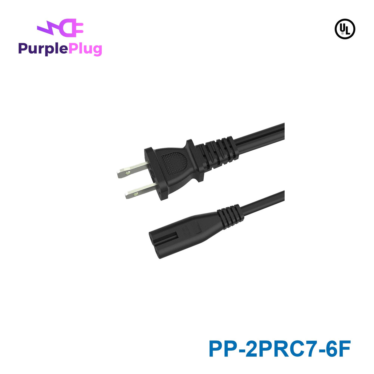 Purple Plug 2 Prong NEMA 1-15P to C7 Power Cord - 6FT, Copper, 18AWG, 125V 10A, NISPT Wire - PP-2PRC7-6F - powersupplymall.com