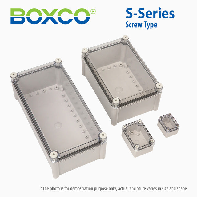 Boxco S-Series 5.91 x 7.87 x 2.95 Inches(150x200x75mm) Plastic Enclosure, IP67, IK08, ABS, Transparent Cover, Screw Type