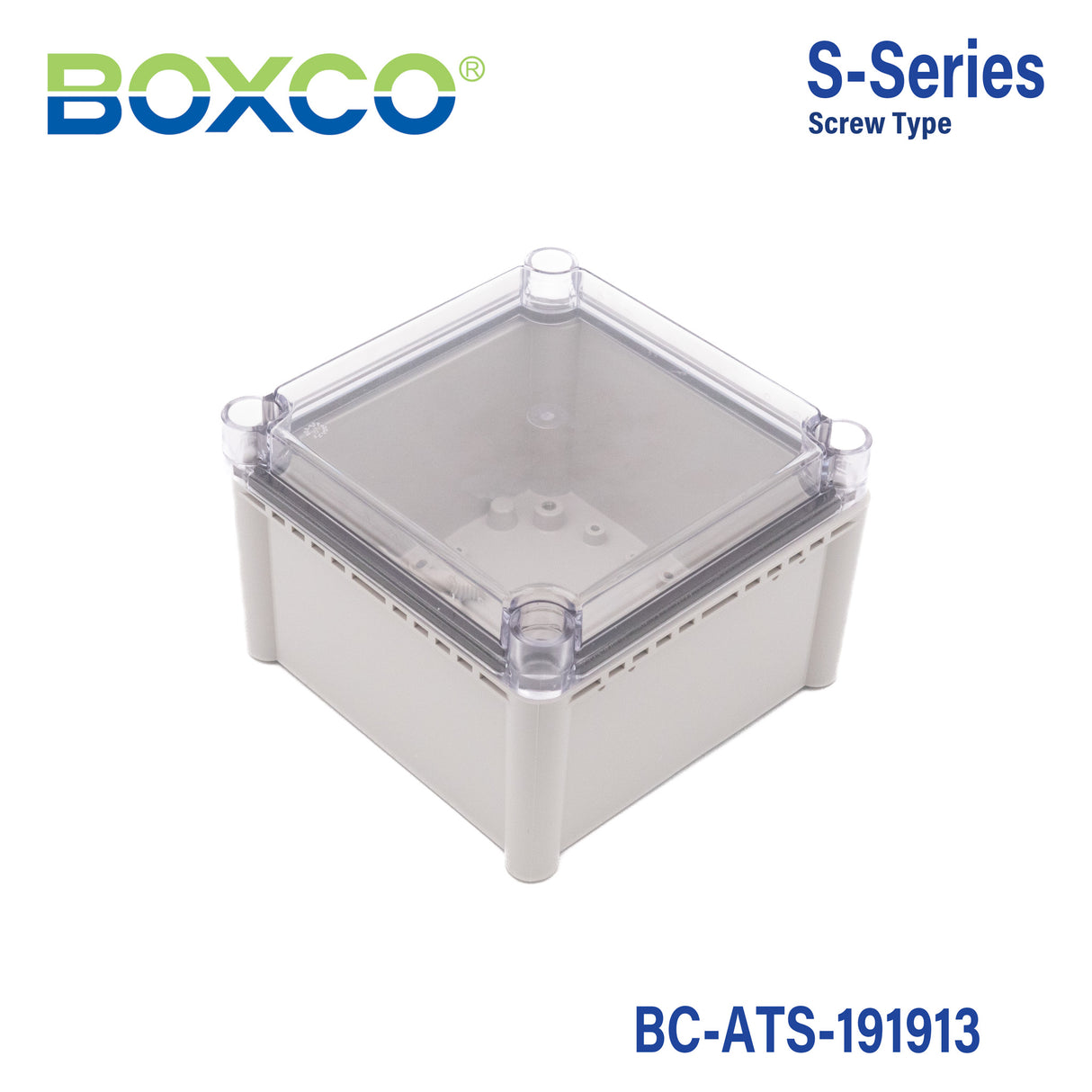 Boxco S-Series 7.48 x 7.48 x 5.12 Inches(190x190x130mm) Plastic Enclosure, IP67, IK08, ABS, Transparent Cover, Screw Type