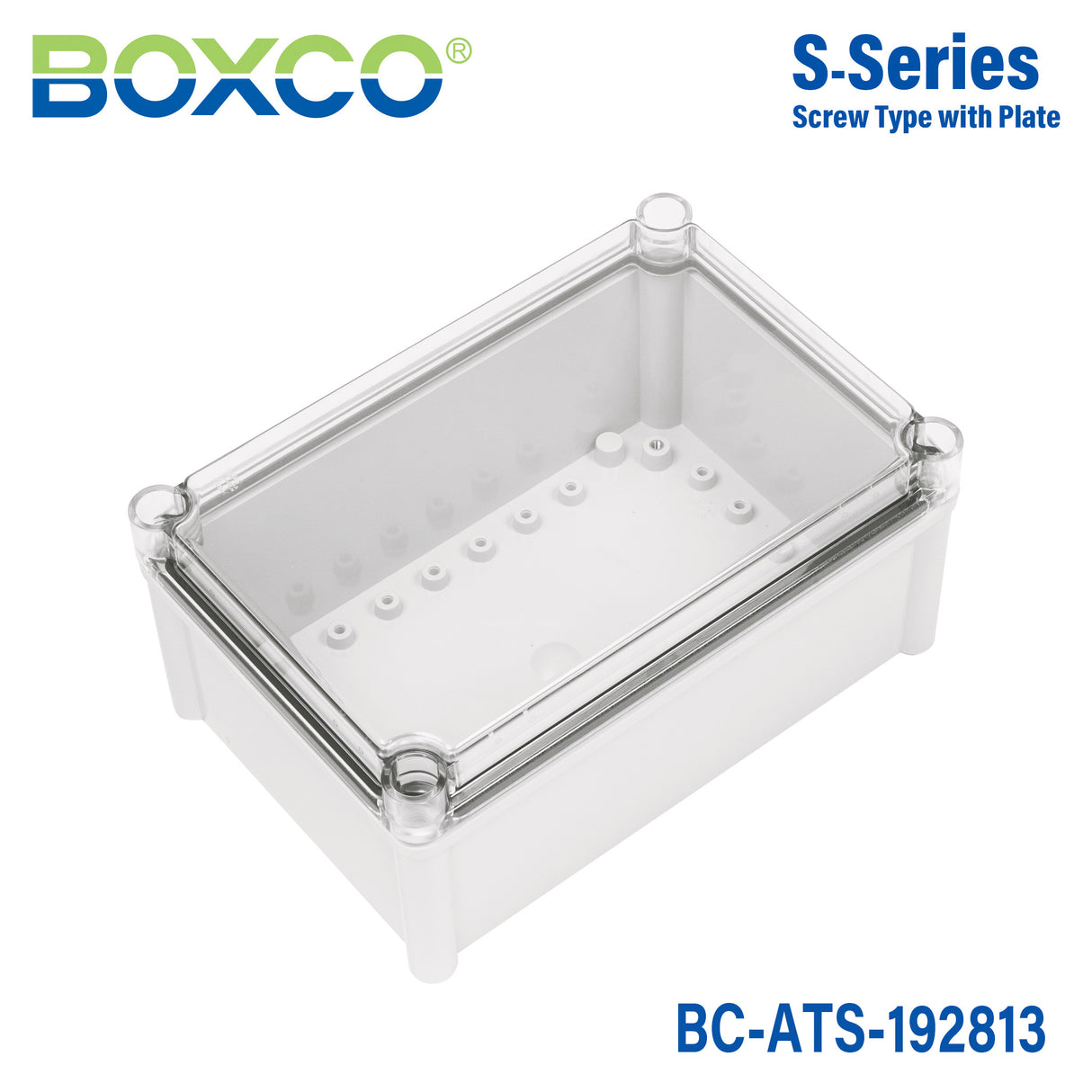 Boxco S-Series 7.48 x 11.02 x 5.12 Inches(190x280x130mm) Plastic Enclosure, IP67, IK08, ABS, Transparent Cover, Screw Type