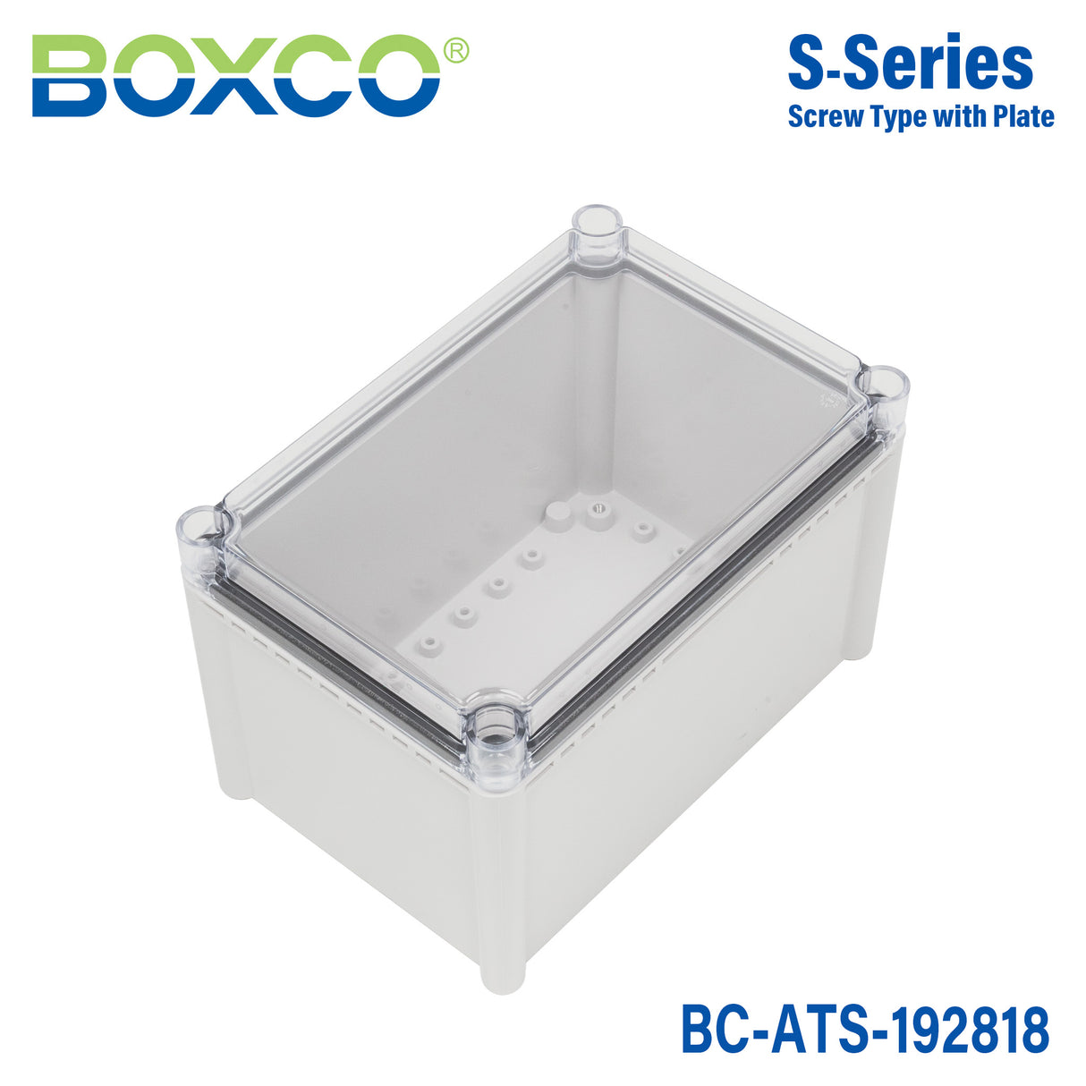 Boxco S-Series 7.48 x 11.02 x 7.09 Inches(190x280x180mm) Plastic Enclosure, IP67, IK08, ABS, Transparent Cover, Screw Type