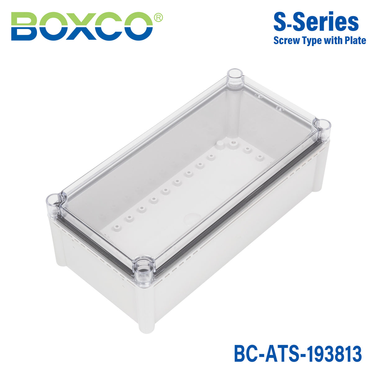 Boxco S-Series 7.48 x 14.96 x 5.12 Inches(190x380x130mm) Plastic Enclosure, IP67, IK08, ABS, Transparent Cover, Screw Type